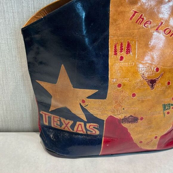Vtg Texas Lone Star State Leather Handbag TX Flag Stamped Tooled Cities - Picture 6 of 10
